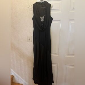 Custom black silk gown with rhinestone detailing